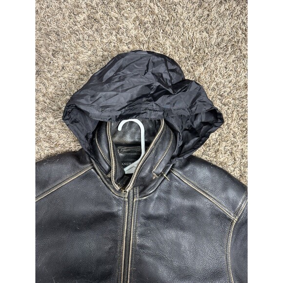 Vintage ANDREW MARC Distressed Genuine Leather Men’s Jacket Lined Sz S Moto Hood - Picture 14 of 16